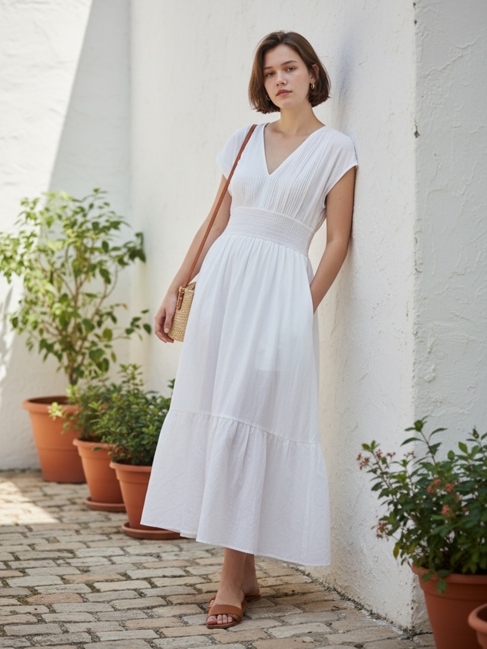 NWOT Joe's Jeans Women's XS White Gauze Smocked Waist V Neck Cotton Maxi Dress
